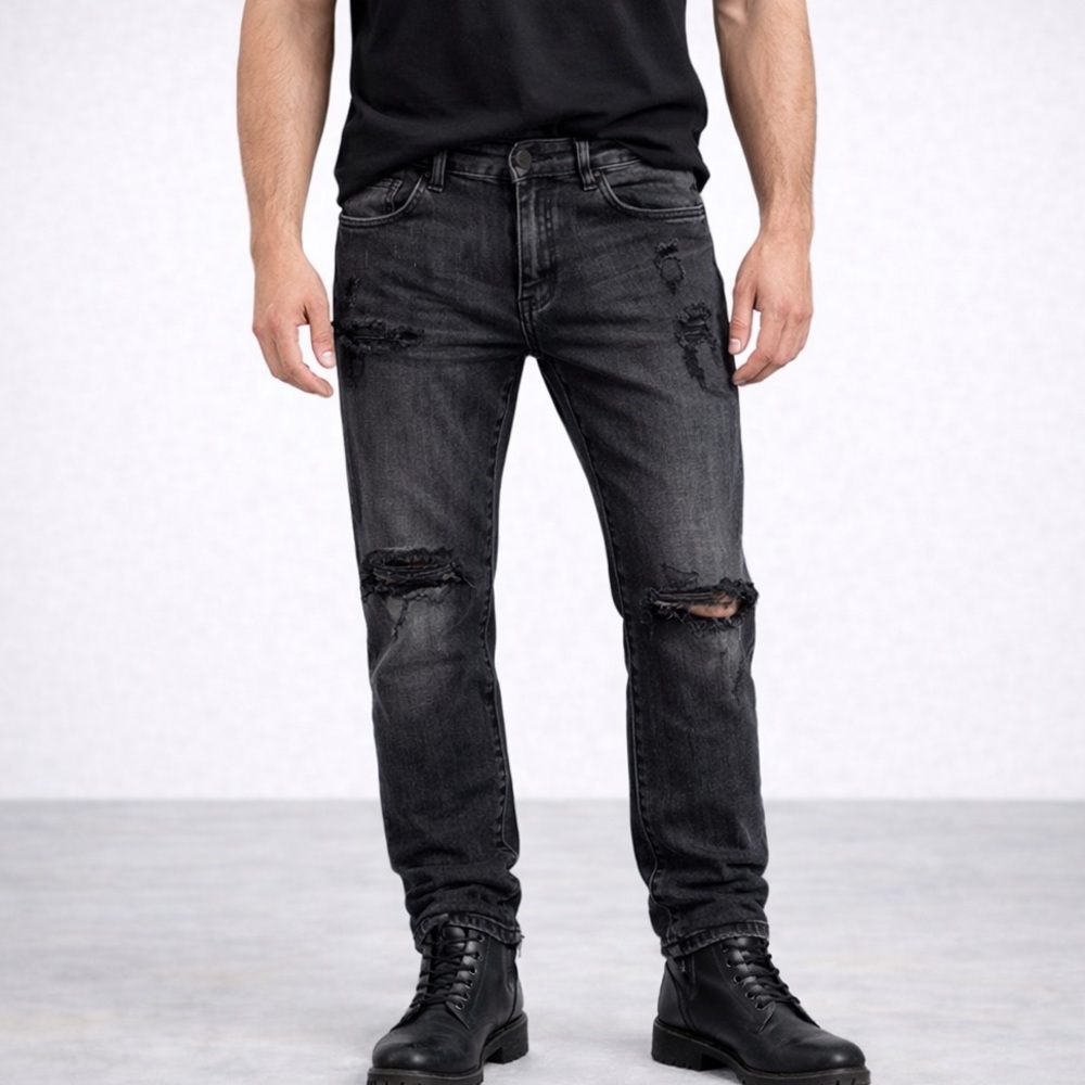 mnml Jeans Mens 32 Charcoal Black Skinny Distressed Trashed Knee Grunge Punk